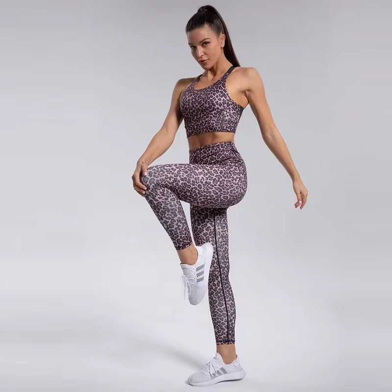 Leopard Yoga Suit for Fitness Women Tracksuit 2024 Gym Set Women Sportswear Dry Fit Sport Outfit Clothes White Clothing Purple