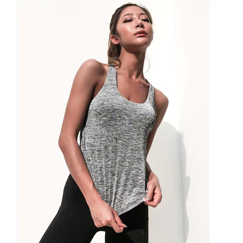 Fack Two Pcs Women'S Inner Padd Yoga Top Tank Woman Sports Long Vests Fitness Running Shirt Gym Workout Clothes