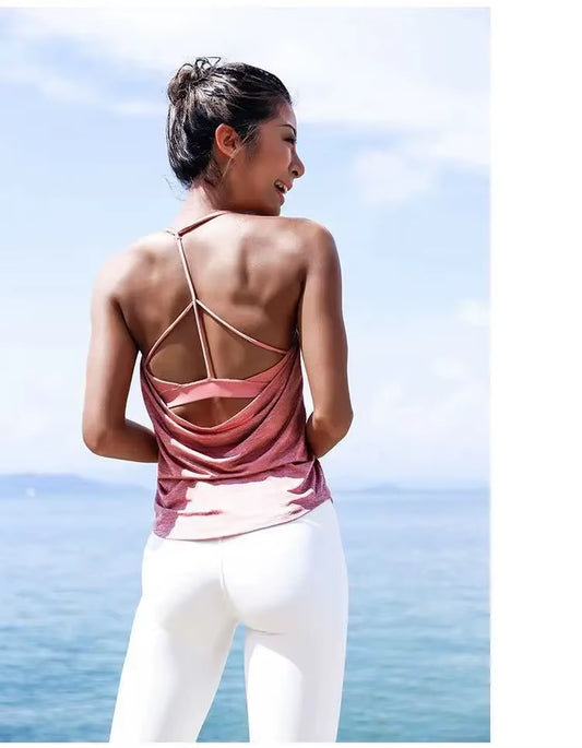 Fack Two Pcs Women'S Inner Padd Yoga Top Tank Woman Sports Long Vests Fitness Running Shirt Gym Workout Clothes