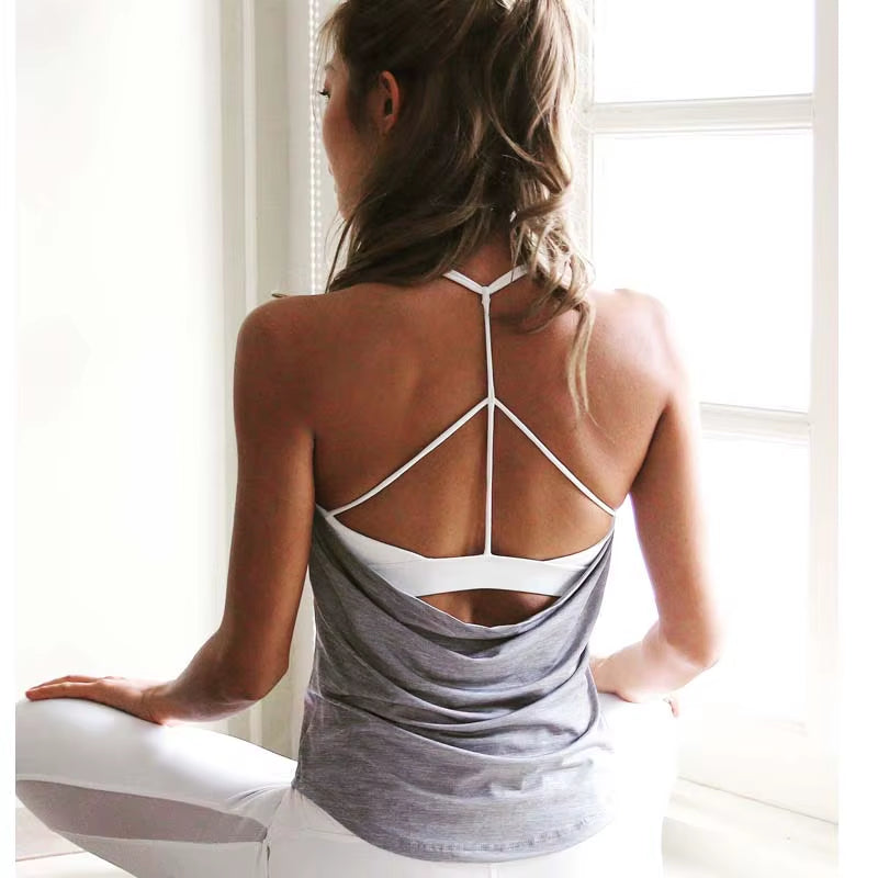 Fack Two Pcs Women'S Inner Padd Yoga Top Tank Woman Sports Long Vests Fitness Running Shirt Gym Workout Clothes